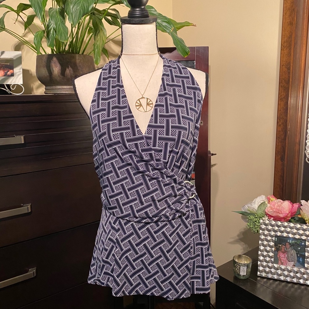 WHBM Navy & White Halter Top w/ Adjustable Belt